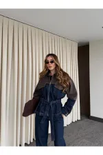 Lacivert - Kahve Bağlamalı Ceket Pantolon Denim Takım - 0836