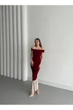 Bordo Kayık Yaka Fırfırlı Elbise - 4798