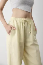 Pantalon jaune en coton et lin avec taille élastiquée