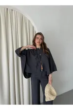 Ensemble chemisier et pantalon anthracite avec détails de surpiqûres au col - 9002