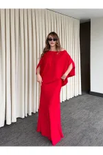 Kırmızı Omuz Drapeli Saten Bluz Etek Takım - 8005