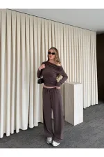 Kahverengi Kayık Yaka Modal İkili Takım - 7323