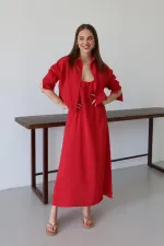 Kırmızı Modal Gömlek Elbise Takım