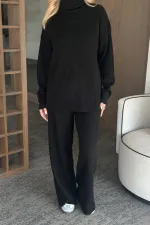 Ensemble pull à col roulé noir en maille côtelée - 4671