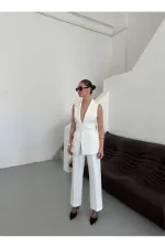 White Eliana Belted Vest and Trousers Set - 2786