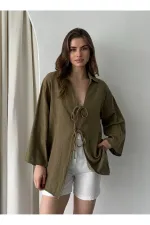 Olive %100 Keten Bağcık Detaylı Kimono Bluz - 5218