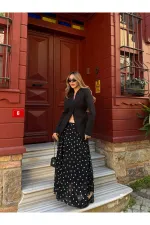 Black Chiffon Polka Dot Long Skirt - 2506