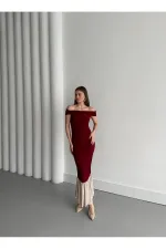 Bordo Kayık Yaka Fırfırlı Elbise - 4798