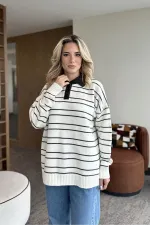 White and Black Striped Sweater -1510