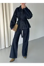 Navy Blue Tie-Up Denim Jacket and Pants Set