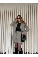 Beige Gingham Jacket and Skirt Set - 4093