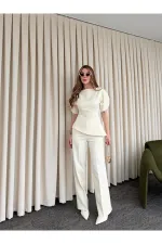 Ensemble chemisier et pantalon asymétrique blanc cassé à manches ballon - 25194