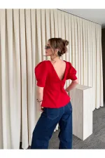 Kırmızı Kolu İnci Fiyonk Detaylı Bluz - 5001