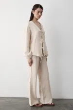 Ensemble chemisier et pantalon beige 100 % coton à nouer