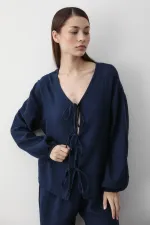 Navy Blue 100% Cotton Tie-Up Blouse and Pants Set