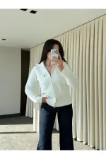 Ekru Balıkçı Yaka Çift Fermuarlı Hırka - 251108