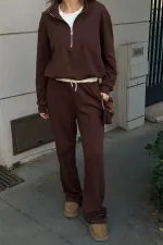 Ensemble de survêtement marron avec détail t-shirt et taille élastique - 0740