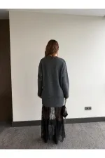 Antrasit Tül Detaylı Uzun Triko Elbise - 251009