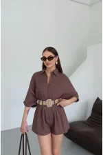 Kahverengi Hasır Kemerli Gömlek Şort Takım