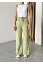 Khaki Cotton Linen Trousers with Elastic Waistband