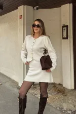 Ensemble cardigan et jupe ajusté blanc cassé -0611