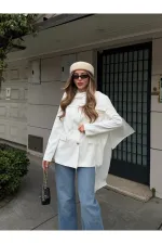 Beyaz Gold Düğmeli Şallı Ceket - 9721