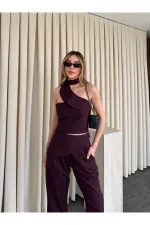 Mürdüm Tek Omuz Tasarım Yaka Bluz Pantolon Takım - 8003