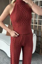 Ensemble chemisier sans manches et pantalon bordeaux - 3009