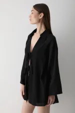 Black 100% Cotton Linen Kimono Blouse with Lace Detail