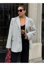 Veste Blazer en Cachemire Ceinturée Bouclé Gris - 7368