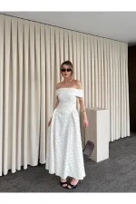 Ekru Madonna Yaka Puantiyeli Midi Elbise - 00888