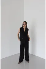 Siyah Siyah Düğmeli Yelek Pantolon Takım