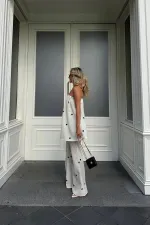 Beyaz Siyah Puantiyeli Straplez Bluz Pantolon Takım