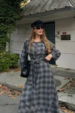 Grey Plaid Belted Long Dress - 1235 Grey Plaid Belted Long Dress - 1235