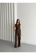 Ensemble gilet et pantalon croisé marron