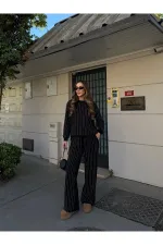 Siyah Taşlı Bluz Pantolon Takım - 0766