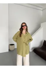 Chemise kaki 100 % coton à boutons croisés avec ceinture