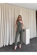 Haki Tek Omuz Tasarım Yaka Bluz Pantolon Takım - 8003