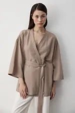 Sütlü Kahve Iç Kemerli Fakir Kol Kimono - 5383