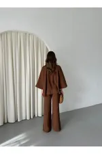 Ensemble chemisier et pantalon marron avec détails de surpiqûres au col - 9002