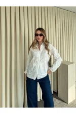 Ekru Kolu Lastikli Nakışlı Gömlek - 4231