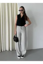 Grey 100% Linen Palazzo Trousers