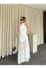 Beyaz Gül Detaylı Şifon Elbise - 2485