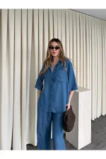 Mavi Tensel Kumaş Gömlek Pantolon Takım - 0926