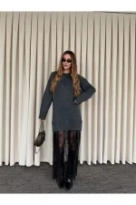 Antrasit Tül Detaylı Uzun Triko Elbise - 251009