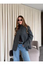 Veste à carreaux anthracite à col mandarin - 4103