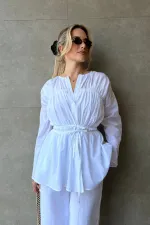 Beyaz Bel Detaylı Vual Keten Gömlek