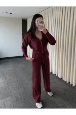 Bordo %100 Pamuk Kapüşonlu Fitilli Takım - 51232