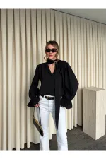 Siyah Fırfır Detaylı Vatkalı Bluz - 1016