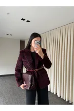 Bordo Leopar Kemerli Ceket - 9614